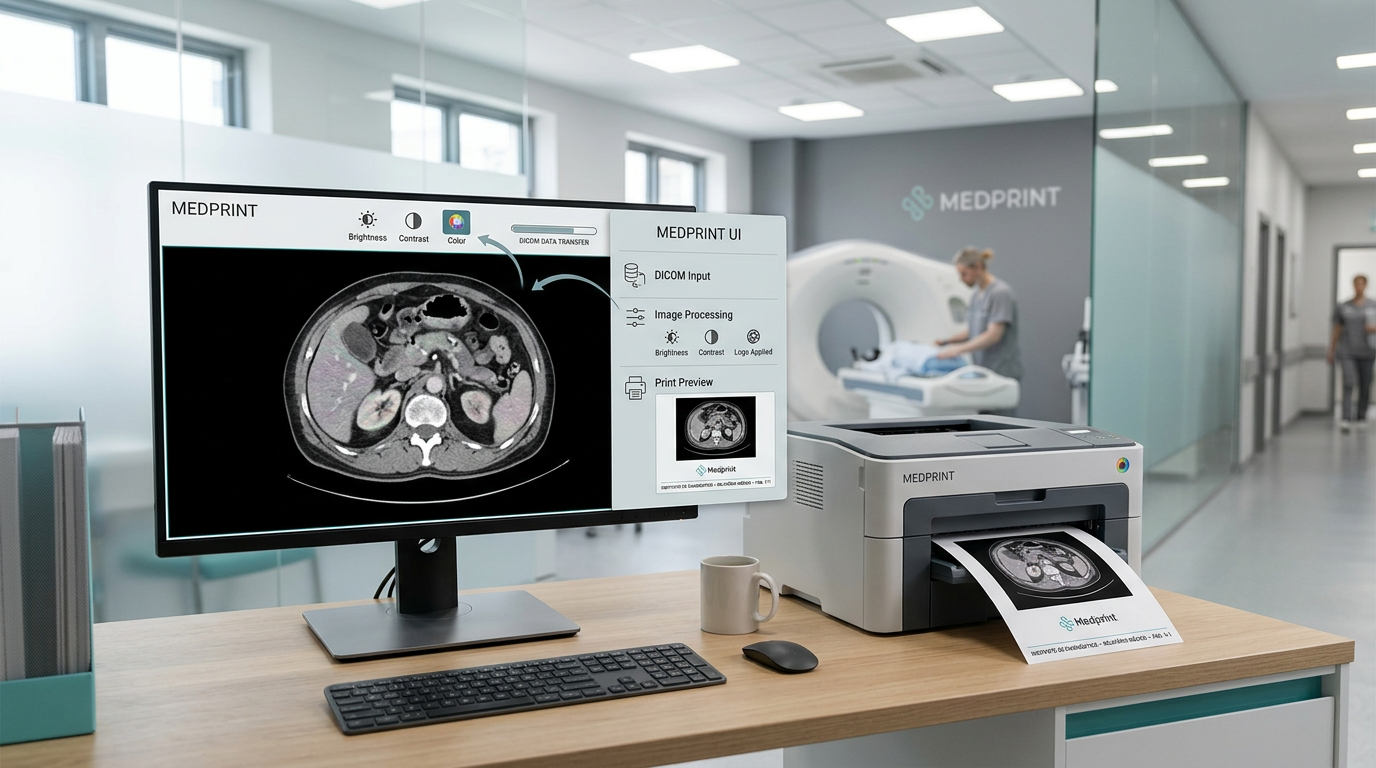 Arte técnica do MEDPRINT conectando DICOM, conversão, ajuste visual e saída impressa