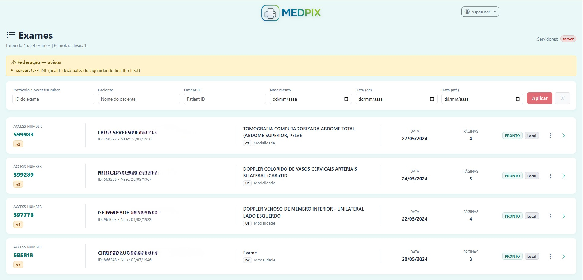 Interface frontend do MEDPIX com listagem de exames, filtros, status e ação de entrega