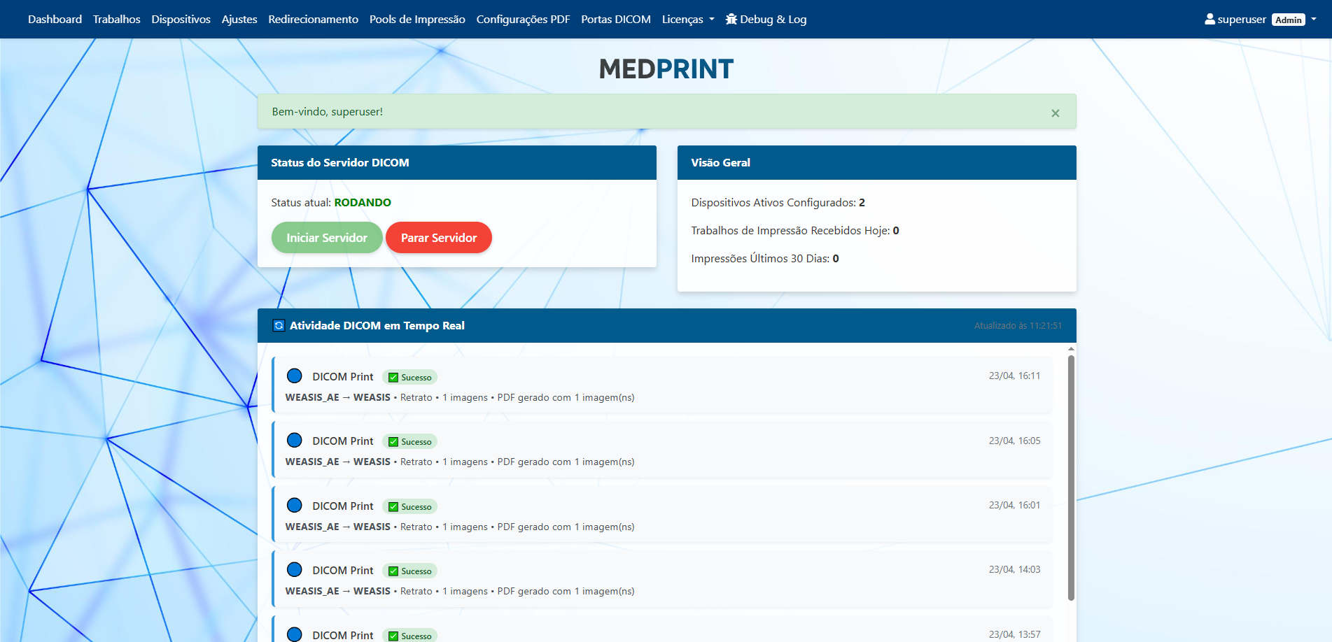 Dashboard do servidor MEDPRINT com status do servidor DICOM, visão geral e atividade DICOM em tempo real
