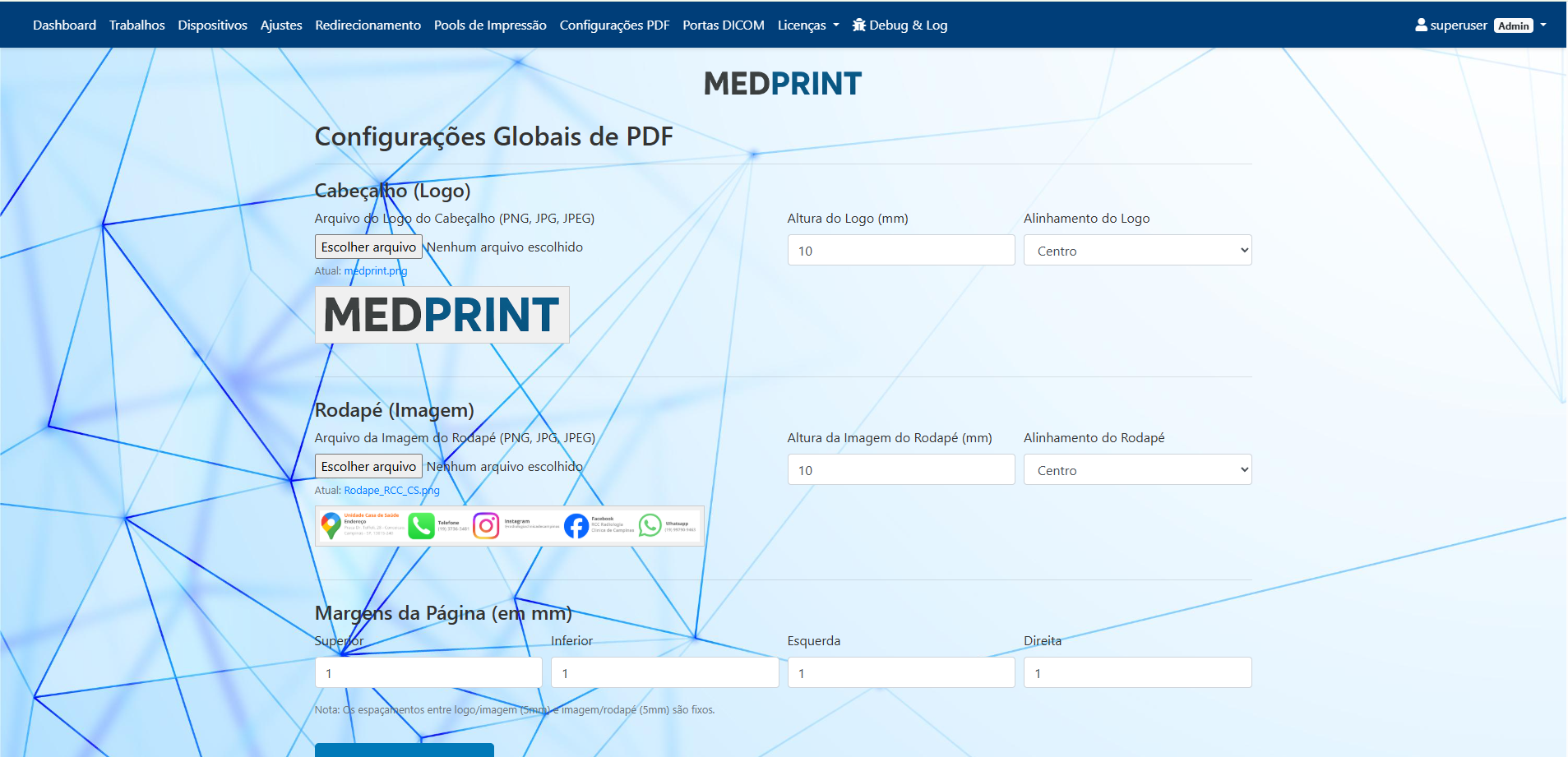Tela de configuração do MEDPRINT para cabeçalho, rodapé, margens e layout do PDF do exame